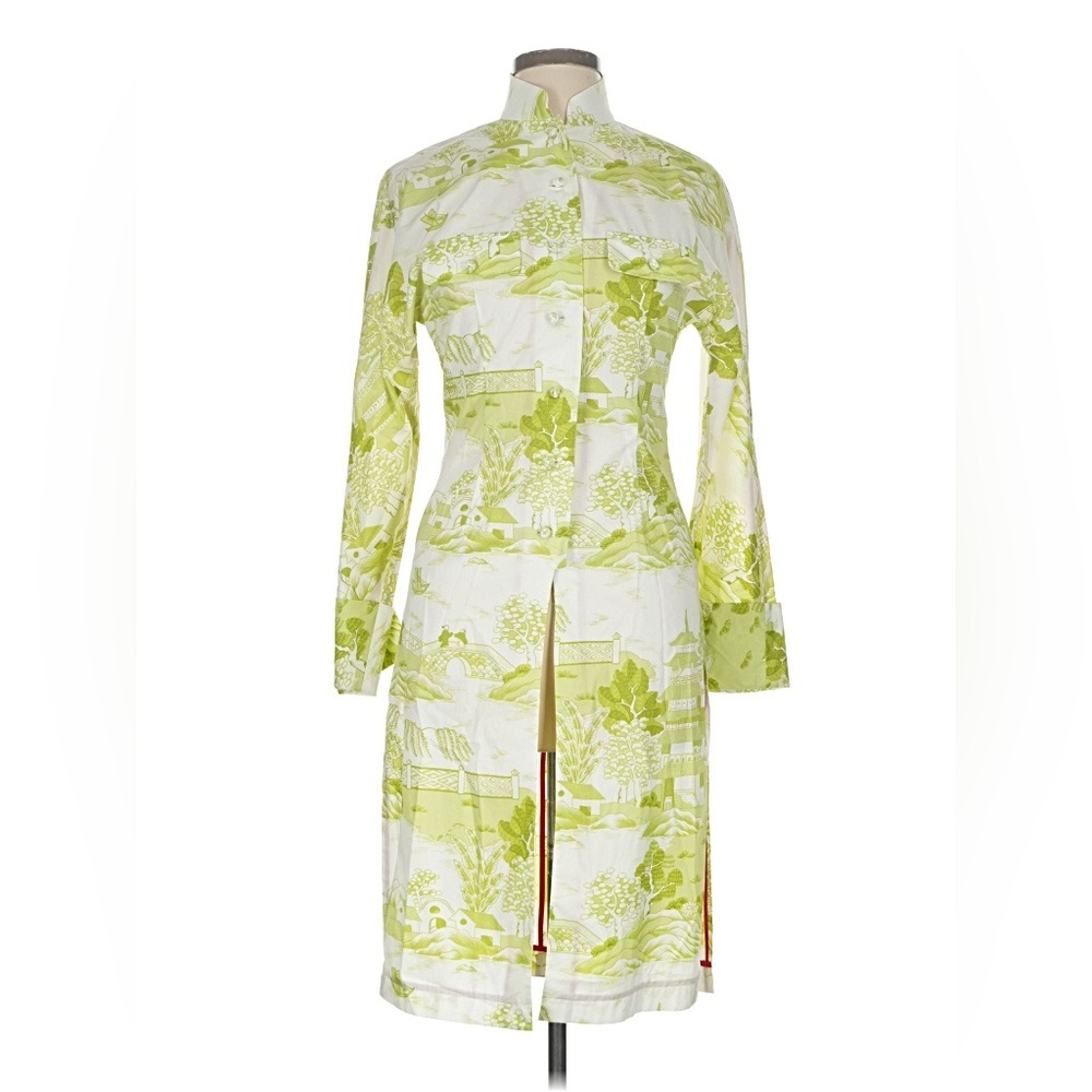 Shanghai Tang Jacket Coat Long shirt top Green White Print 100% Cotton sz 6 Med